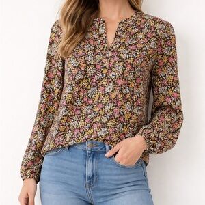 LOFT Floral Blouse Women’s Small Black Pink Yellow Long Sleeve Split Neck